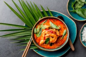 Rotes Curry-Gericht mit Shrimps